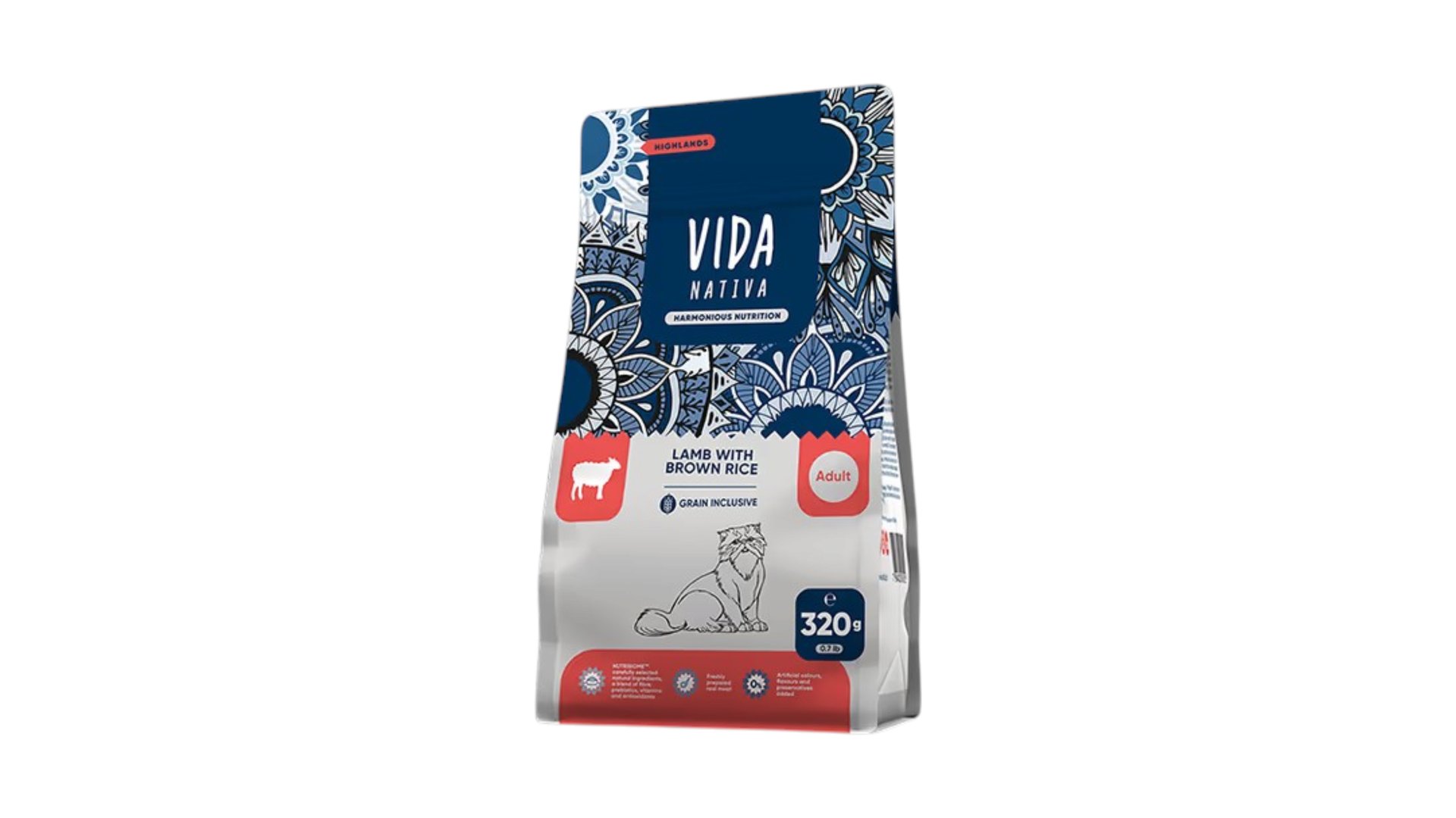 Vida Nativa – Pişiklər üçün Quzu əti və qəhvəyi düyü ilə tam quru yem 320gr (qapalı paket)
