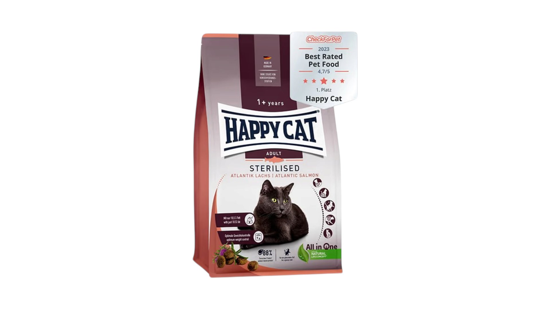 Happy Cat Sterilised Atlantic Salmon – sterilizasiya olunmuş pişiklər üçün quru yem (somon) 1kg