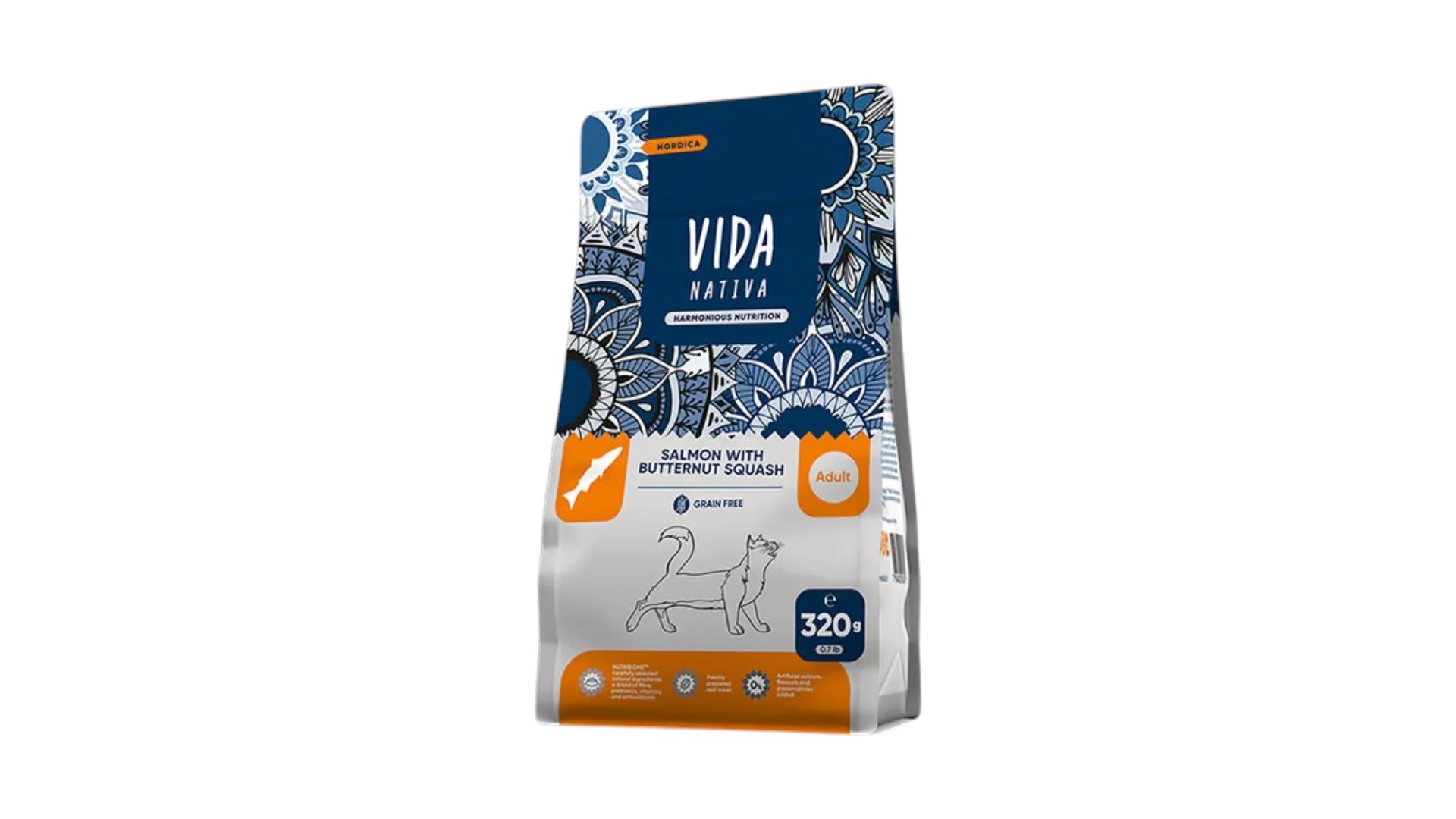 Vida Nativa – Yetkin pişiklər üçün somon balığı və balqabaqlı tam quru yem 320gr (qapalı paket)