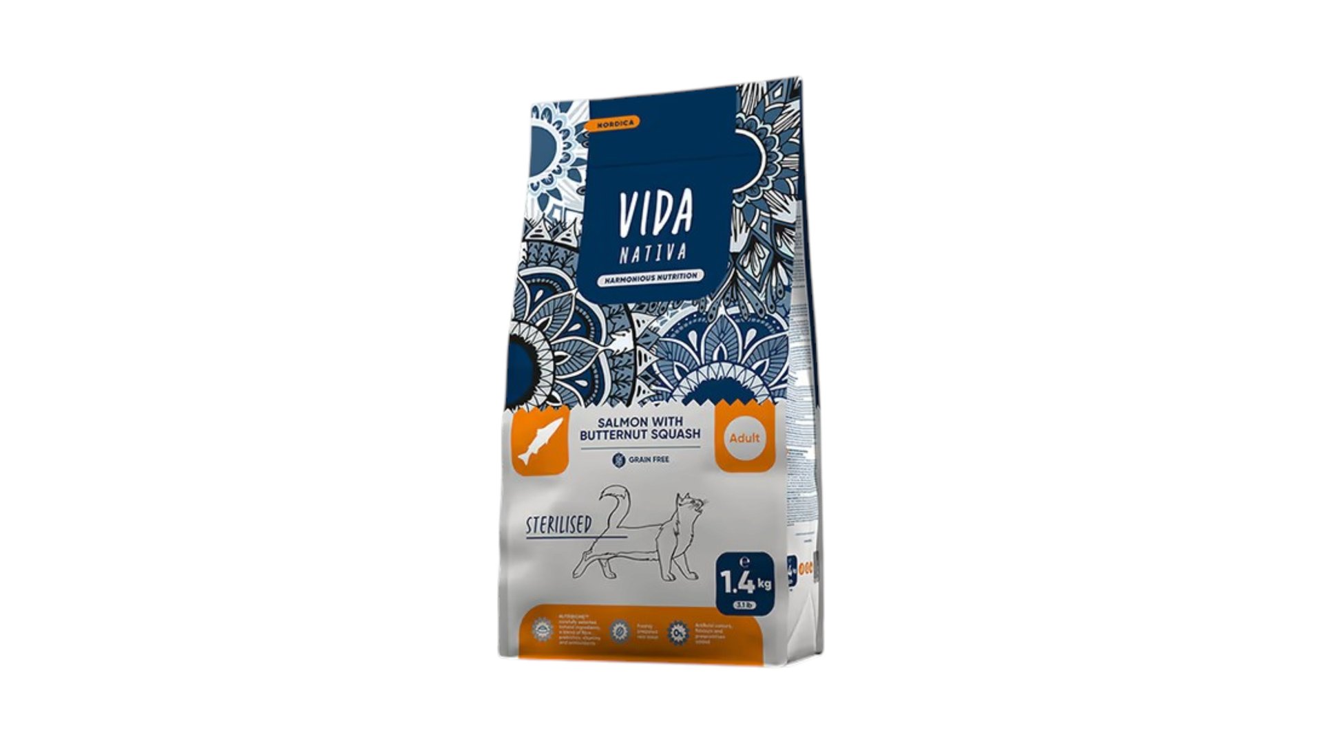 Vida Nativa – Sterilizə olunmuş pişiklər üçün somon balığı və balqabaqlı tam quru yem 1.4kg (qapalı paket)