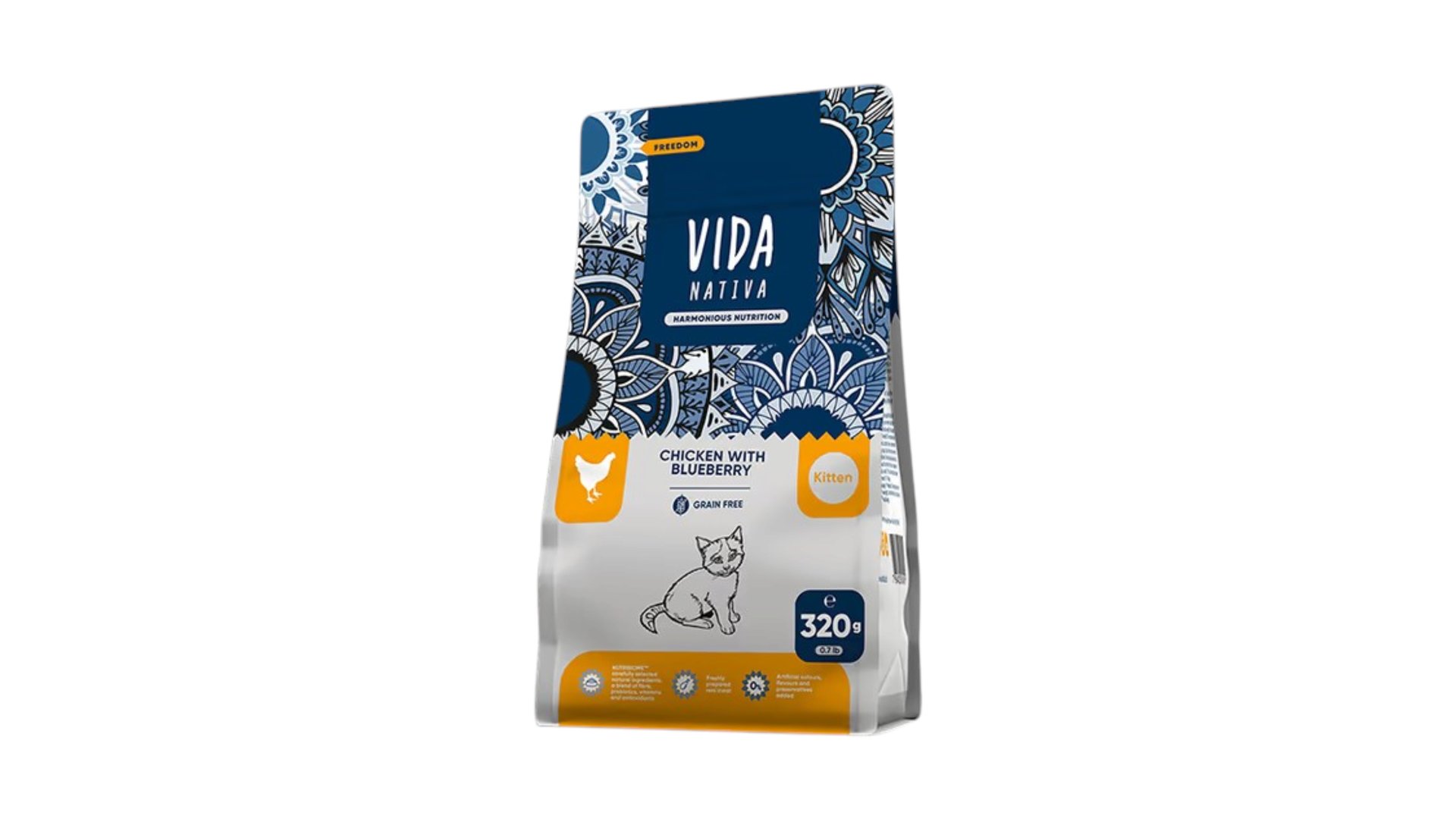 Vida Nativa – Bala Pişiklər üçün Toyuq əti və qaragilə ilə tam quru yem 320gr (qapalı paket)