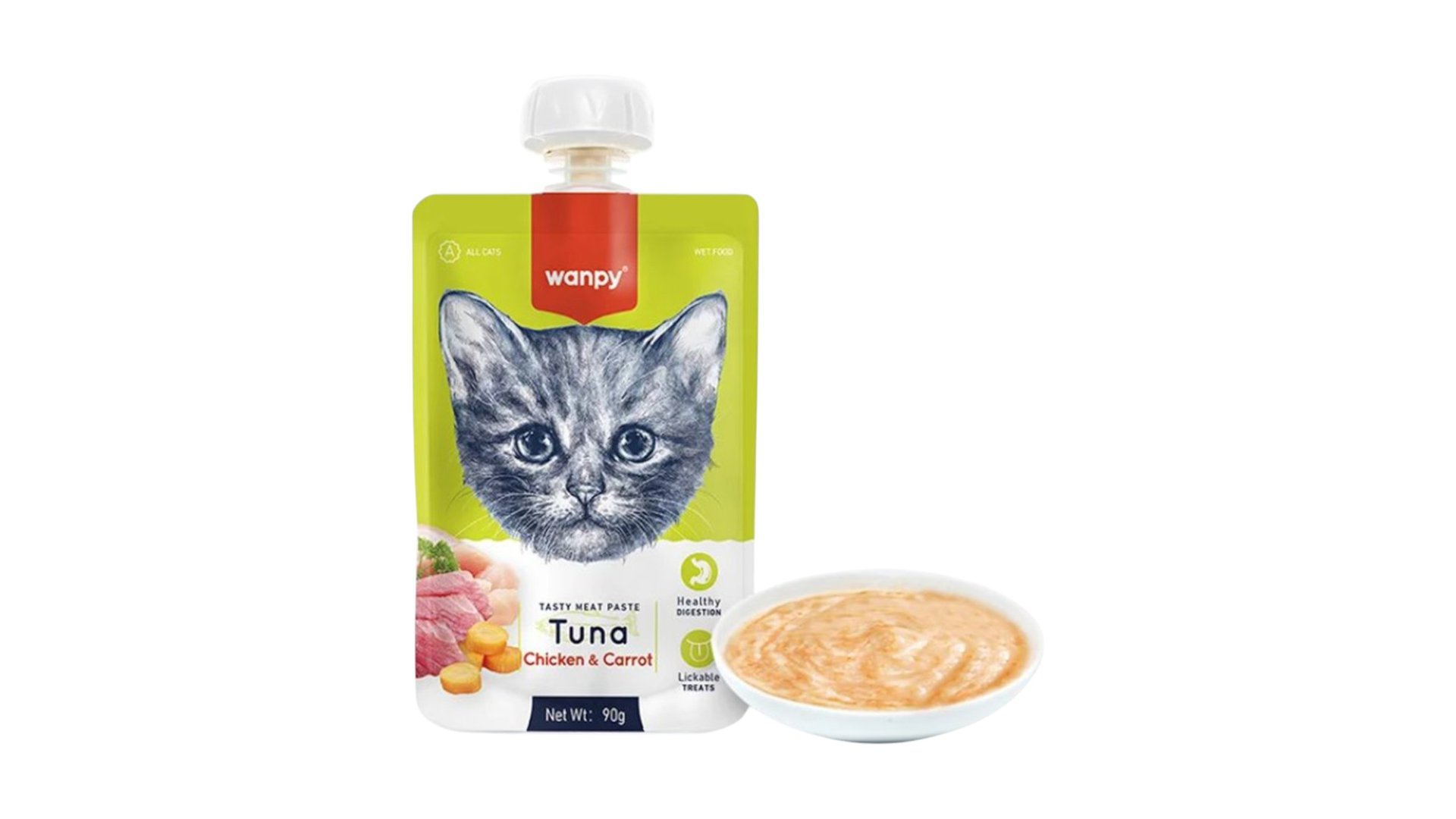 Wanpy pişiklər üçün krem-püre, ton balığı, toyuq və kök ilə, 90 qr