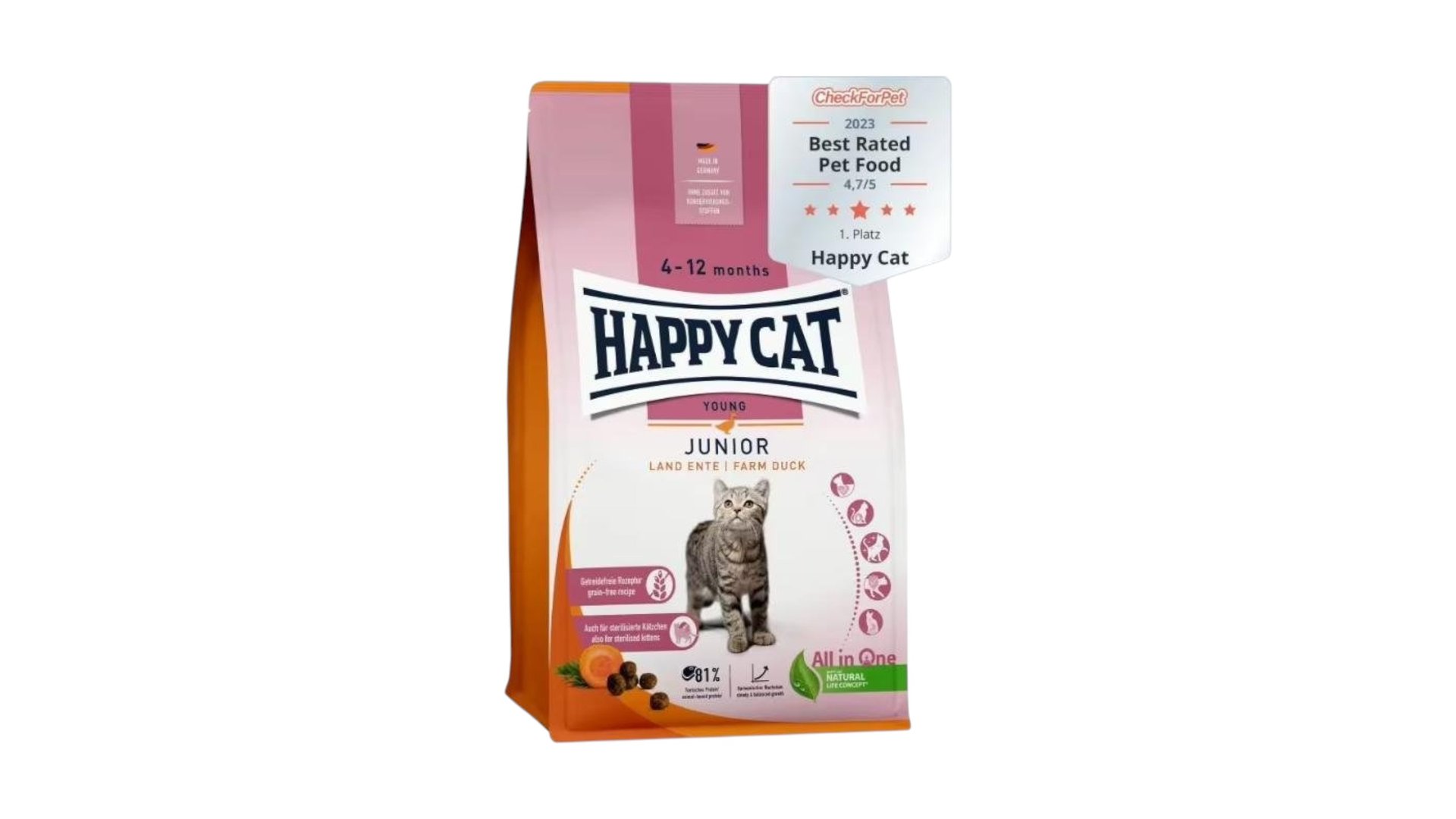 Happy Cat Junior Farm Duck – 4 aydan 12 aya qədər balaca pişiklər üçün ördək ətli quru yem  1kg