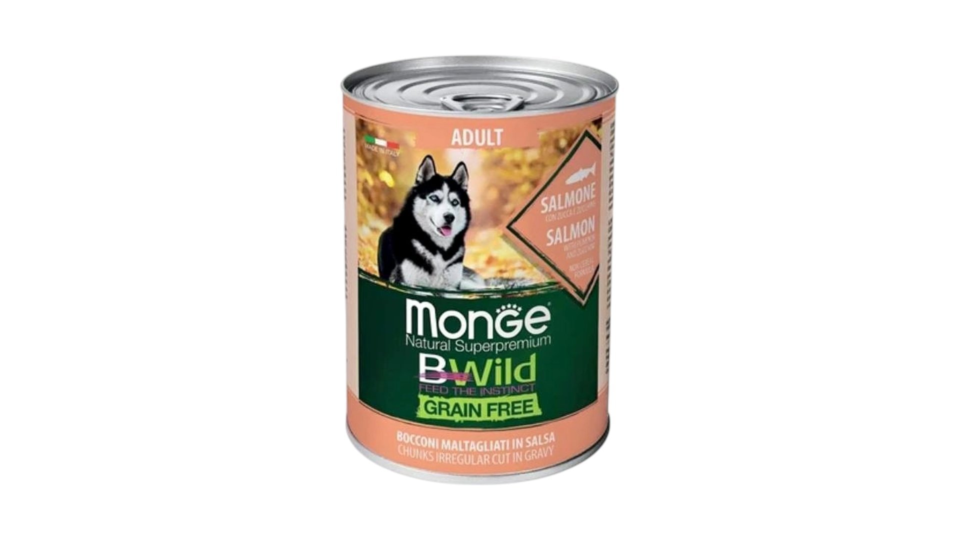 Monge Natural Superpremium BWild Grain Free, yetkin itlər üçün, qızılbalıq ilə, 400 q